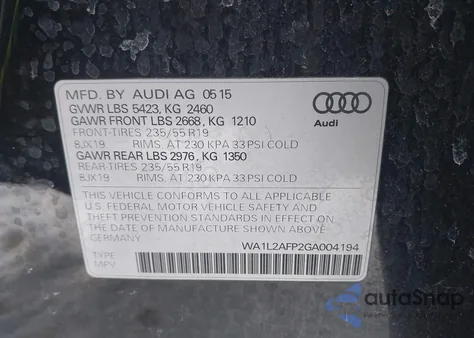 2016 Audi Q5 2.0T Premium из США, поврежденный, VIN WA1L2AFP2GA004194